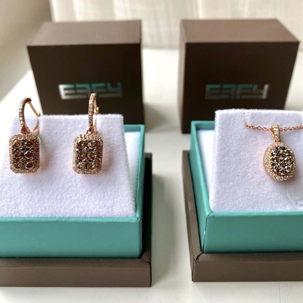 EFFY 14 KARAT GOLD - Chocolate Diamond Earrings & Necklace Set w White Diamonds